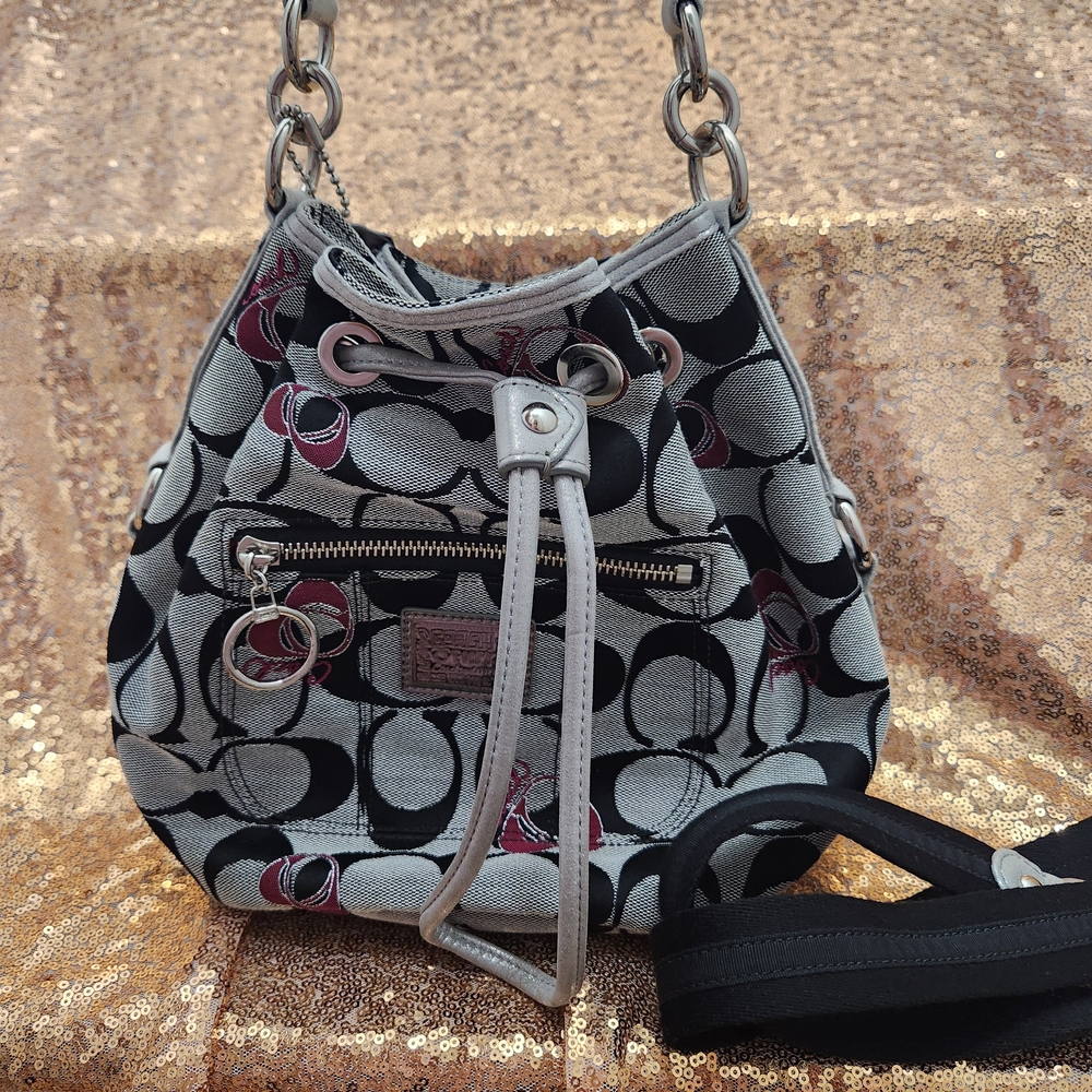 Coach Poppy Gray And Black Logo Bucket Shoulder Bag Crossbody